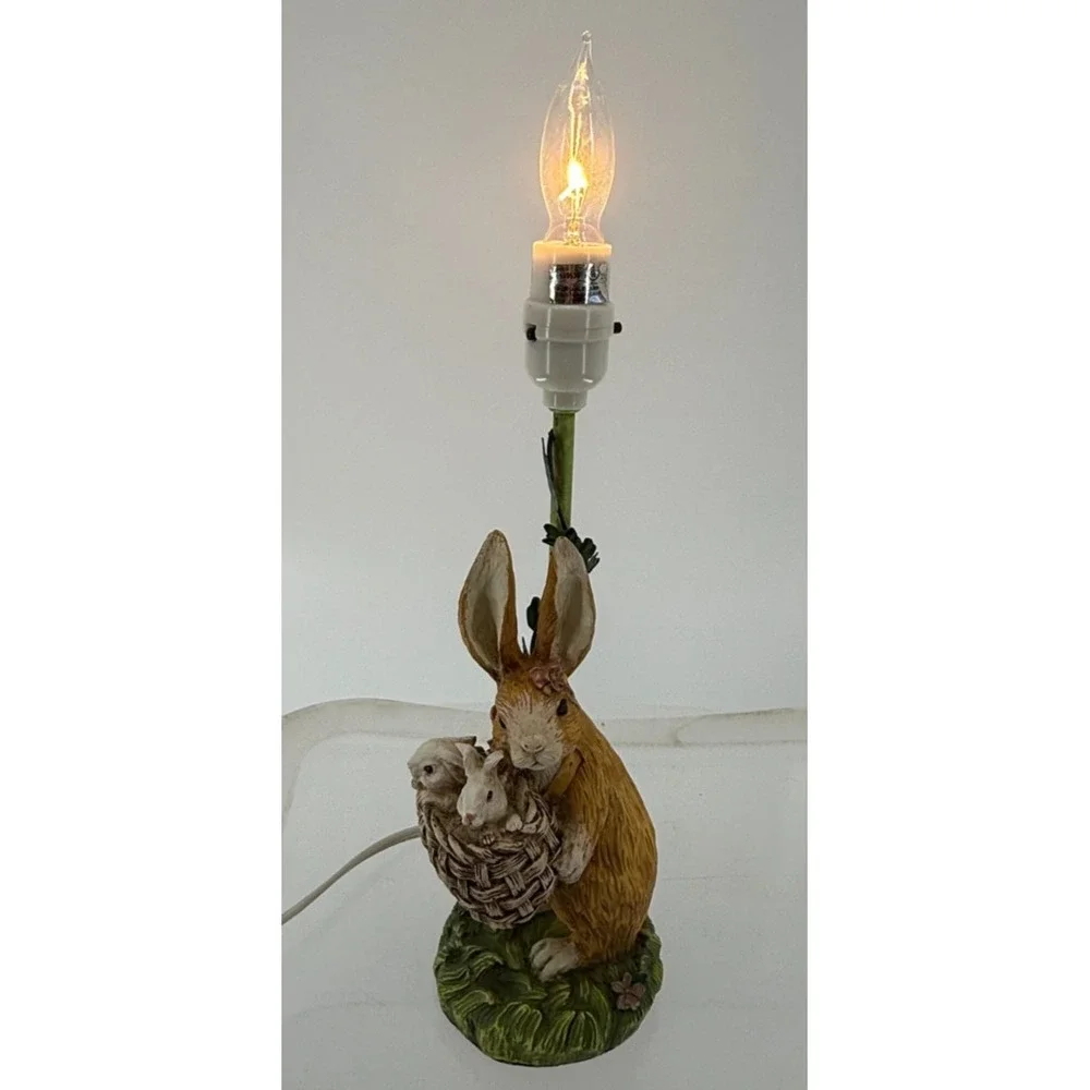 Vintage Rabbit Table Lamp with Beaded Shade Woodland Cottagecore Decor